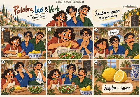 Greek comic, episode 44: λεμόνι — lemon. Everything turns lemony: you squeeze one lemon and the whole kitchen puckers up.
