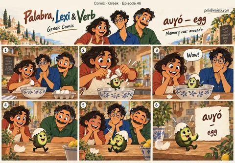 Greek comic, episode 46: αυγό — egg. You crack the egg and a tiny avocado rolls out, still wearing half the shell as a hat.