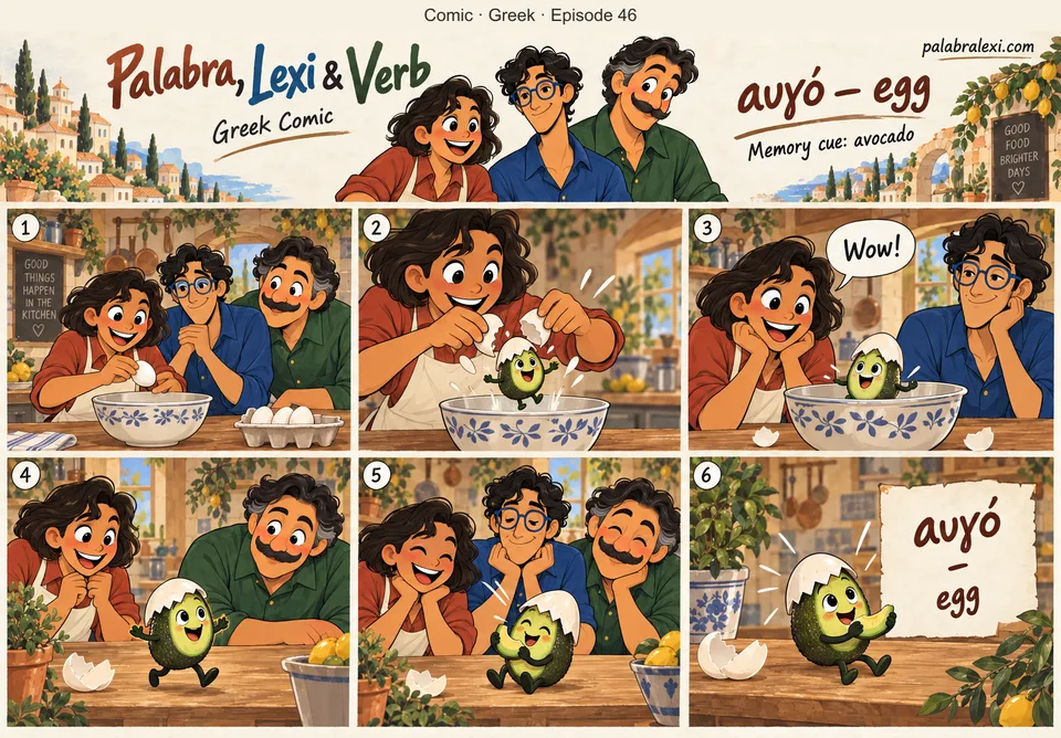 Greek comic, episode 46: αυγό — egg. You crack the egg and a tiny avocado rolls out, still wearing half the shell as a hat.