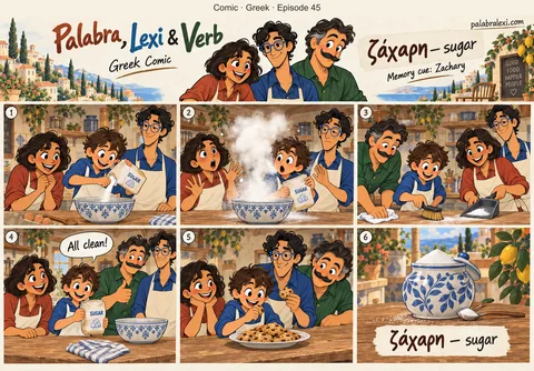 Greek comic, episode 45: ζάχαρη — sugar. Zachary pours sugar from a bag into a bowl, and a tiny sugar cloud puffs up. The friends help him wipe the table.