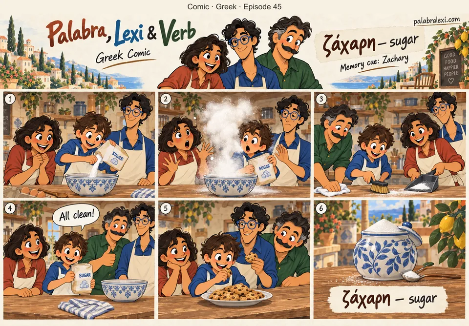 Greek comic, episode 45: ζάχαρη — sugar. A fictional boy named Zachary carefully pours sugar from a bag into one bowl; a tiny sugar cloud puffs up. The trio helps clean it. No sneezing into food or unhygienic behavior.