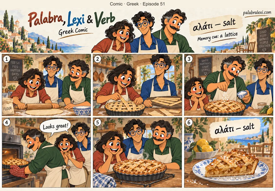 Greek comic, episode 51: αλάτι — salt. The baker weaves a lattice of pastry strips on the pie and sprinkles coarse salt over the top.