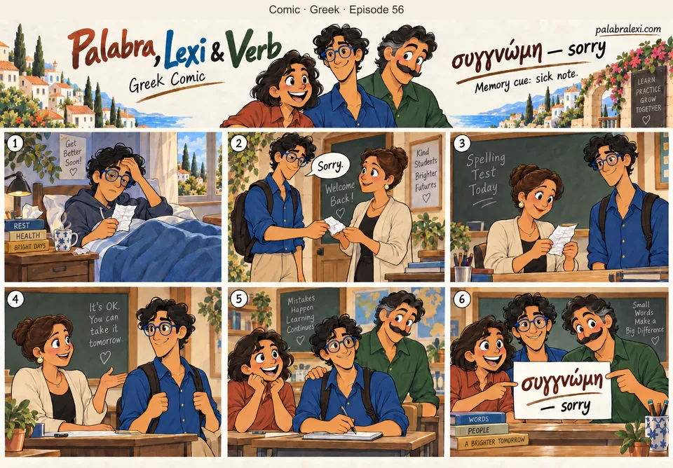 Greek comic, episode 56: συγγνώμη — sorry. The boy hands his teacher a crumpled sick note and says sorry for missing the spelling test.