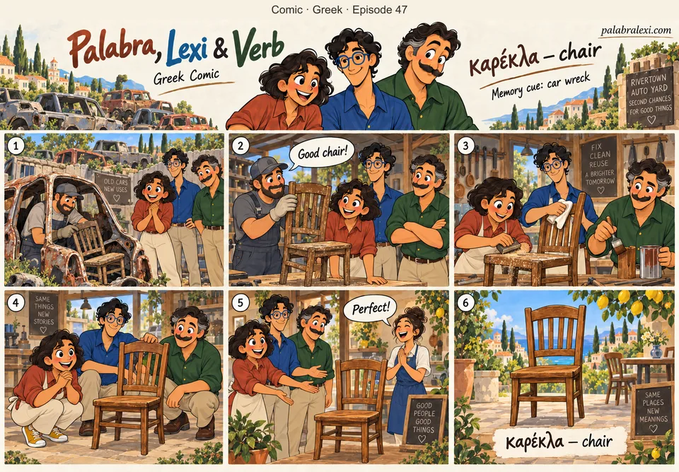 Greek comic, episode 47: καρέκλα — chair. In a quiet repair yard, a worker retrieves one intact chair from an old empty car wreck. The trio restores the chair. No crash, people injured, smoke or trauma.
