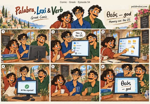 Greek comic, episode 54: θεός — god. The friends sort files on a computer. Lexi jokes that the OS decides everything here, like a little god.