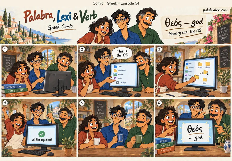 Greek comic, episode 54: θεός — god. The friends organise files on a computer; OS provides a sound cue for θεός, meaning “god”.