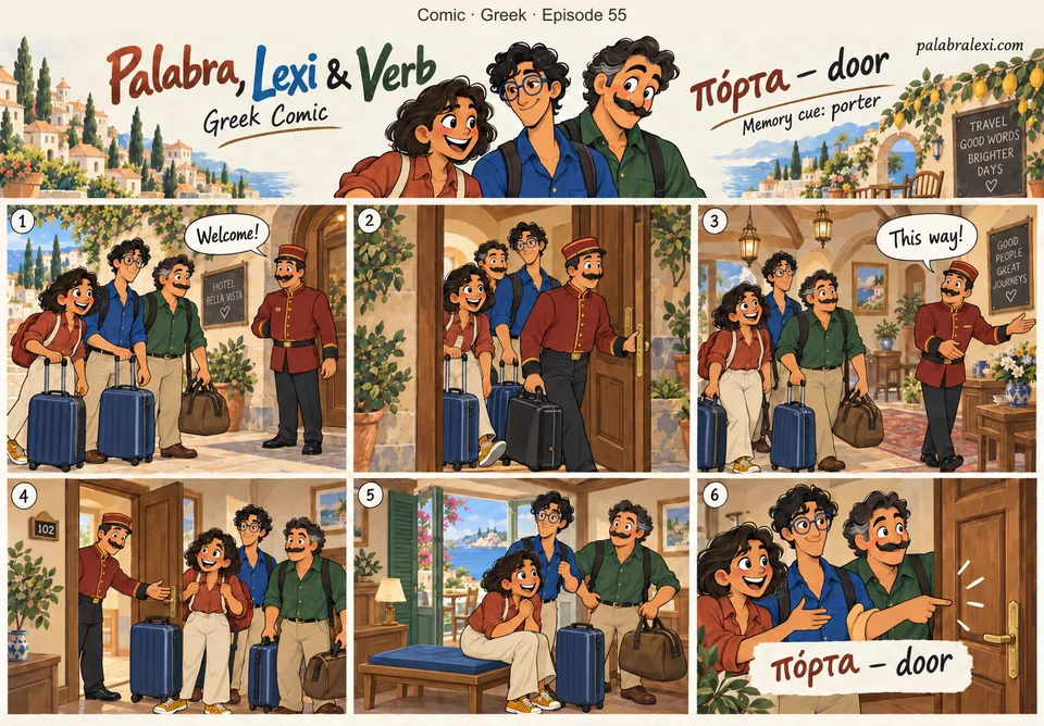 Greek comic, episode 55: πόρτα — door. One porter opens a wooden DOOR while holding one suitcase normally. The trio enters with their bags. No impossible pile on one arm.