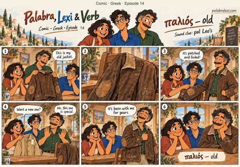 Greek comic, episode 14: παλιός — old. Old pal Leo's jacket: patched elbows, faded collar, but he won't trade it for new.