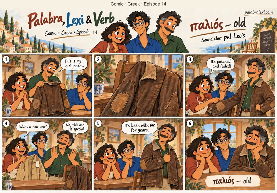 Greek comic, episode 14: παλιός — old. Old pal Leo's jacket: patched elbows, faded collar, but he won't trade it for new.