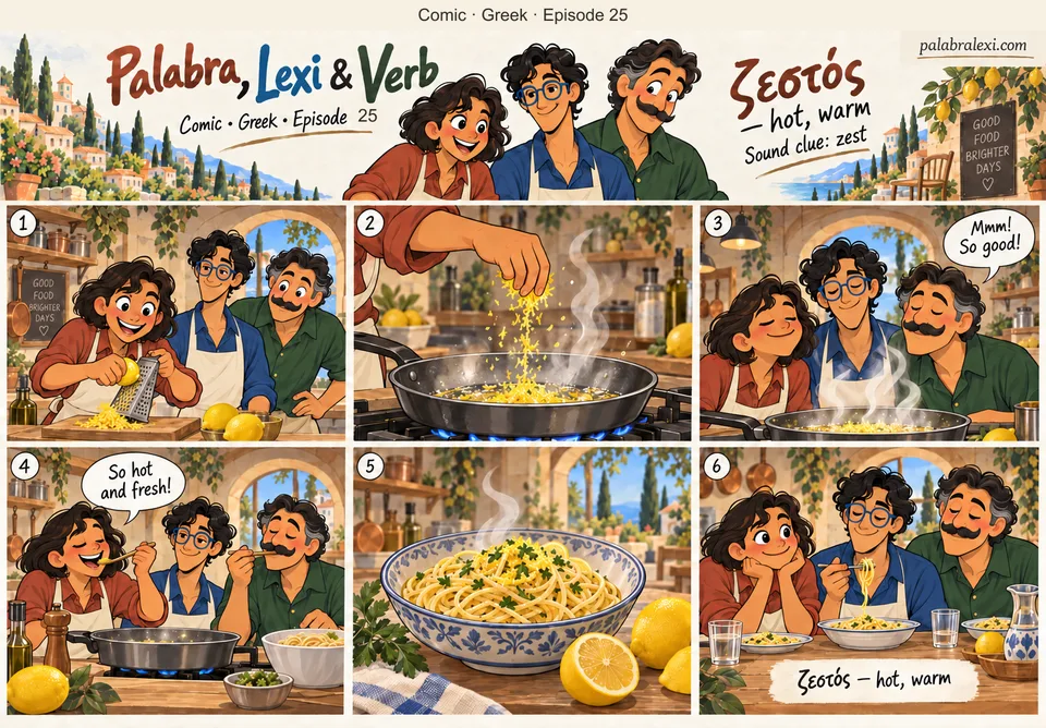 Greek comic, episode 25: ζεστός — hot, warm. Palabra adds lemon zest to hot pasta. Lexi and Verb enjoy the warm meal.