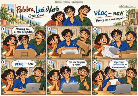 Greek comic, episode 66: νέος — new/young. Palabra, Lexi and Verb unwrap a new computer and switch it on for the first time.