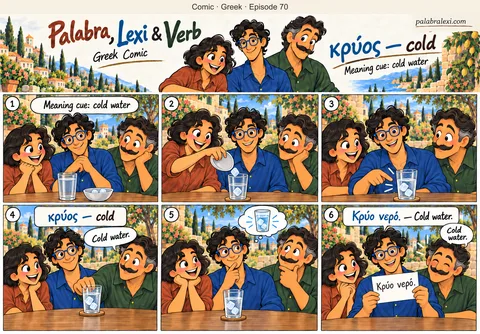 Greek comic, episode 70: κρύος — cold. Palabra puts two ice cubes in a glass of water. Lexi and Verb notice the cold glass and its condensation.