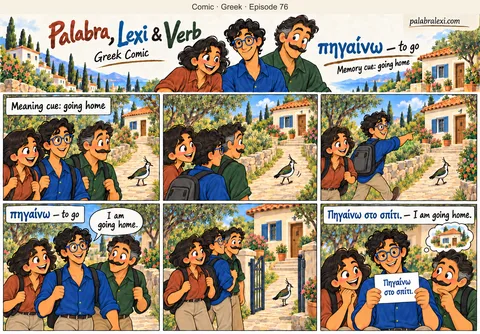 Greek comic, episode 76: πηγαίνω — to go. Palabra, Lexi and Verb walk along a level path towards a house while a small bird walks ahead of them.
