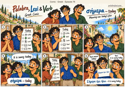 Greek comic, episode 78: σήμερα — today. Palabra, Lexi and Verb look at today's plan and decide to go for a walk because it is sunny today.