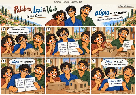 Greek comic, episode 82: αύριο — tomorrow. Palabra, Lexi and Verb prepare materials for a model and schedule the remaining work for tomorrow morning.