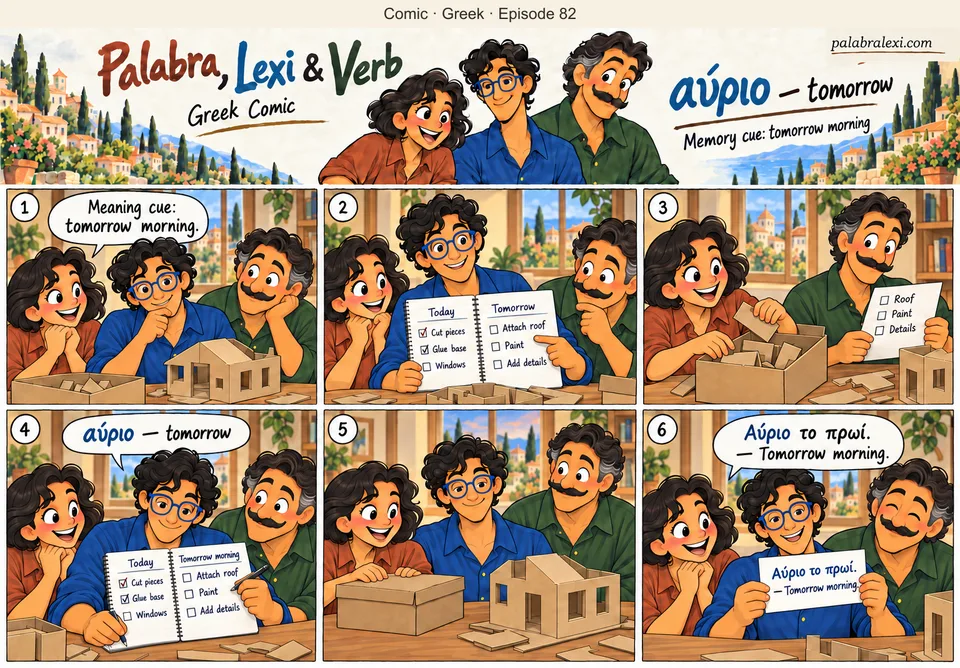 Greek comic, episode 82: αύριο — tomorrow. Palabra, Lexi and Verb prepare materials for a model and schedule the remaining work for tomorrow morning.