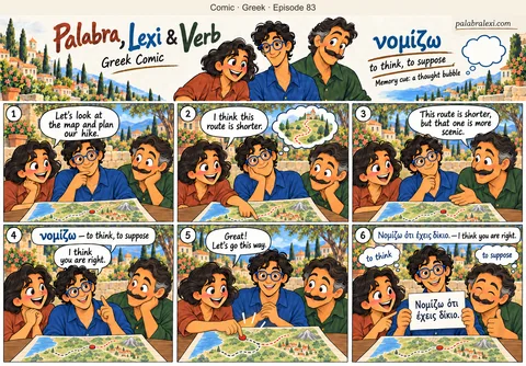 Greek comic, episode 83: νομίζω — to think. Palabra, Lexi and Verb compare two possible routes. Lexi thinks about the map and tells Palabra, “I think you are right.”