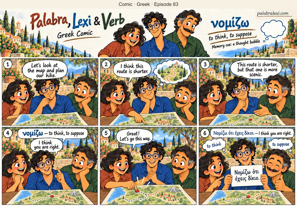 Greek comic, episode 83: νομίζω — to think. Palabra, Lexi and Verb compare two possible routes. Lexi thinks about the map and tells Palabra, “I think you are right.”