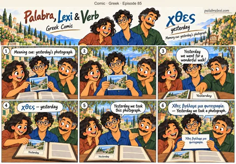 Greek comic, episode 85: χθες — yesterday. Palabra, Lexi and Verb look at a photograph from yesterday's walk and put it on the album page marked “Yesterday”.