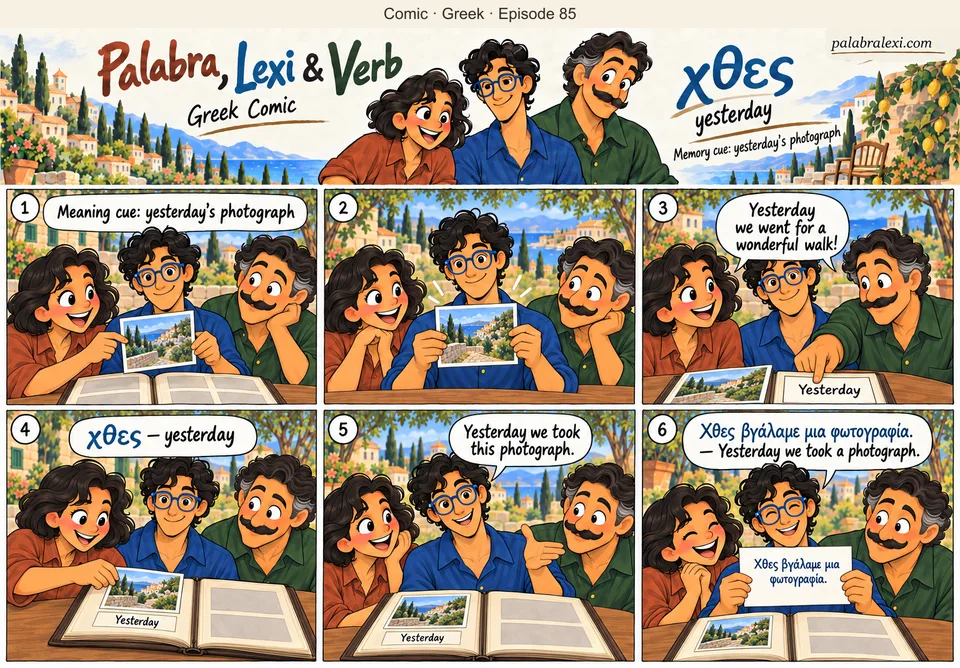 Greek comic, episode 85: χθες — yesterday. Palabra, Lexi and Verb look at a photograph from yesterday's walk and put it on the album page marked “Yesterday”.