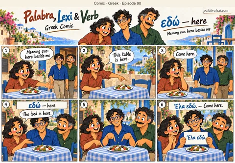 Greek comic, episode 90: εδώ — here. Palabra stands beside a cafe table and calls Lexi and Verb over. They come to her and show that the food is here.