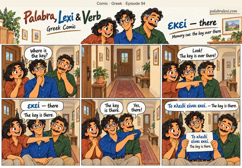 Greek comic, episode 94: εκεί — there. Palabra, Lexi and Verb look for a key. Palabra spots it on a bench across the hallway and points over there.