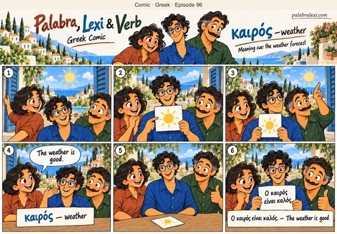 Greek comic, episode 96: καιρός — time/weather. Palabra, Lexi and Verb compare the sky with a weather forecast and choose a walk because the weather is good.