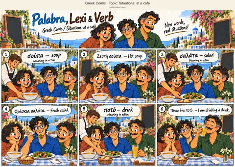 Thematic word collection: σούπα — soup; σαλάτα — salad; ποτό — drink. A waiter places a steaming bowl of soup in front of Palabra, and she tastes a spoonful. Lexi gets a plate of fresh salad and lifts a forkful. Verb gets a glass of orange juice and takes a sip.
