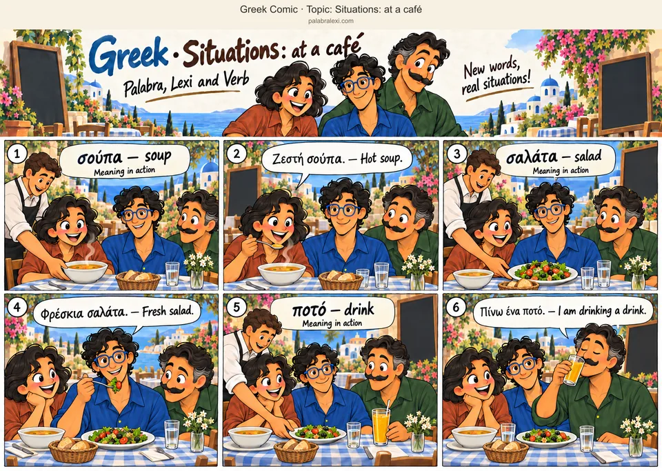 Thematic word collection: σούπα — soup; σαλάτα — salad; ποτό — drink. A waiter places a steaming bowl of soup in front of Palabra. Palabra lifts a spoonful from the same soup bowl. The waiter places one plate of fresh salad in front of Lexi. Lexi looks at the salad and lifts a forkful. The waiter sets a glass of orange juice in front of Verb. Verb takes a sip while the trio remain at their table.