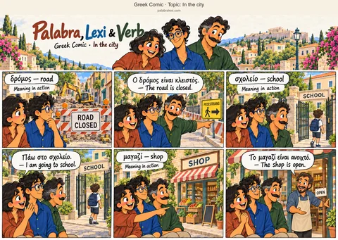 Thematic word collection: δρόμος — road; σχολείο — school; μαγαζί — shop. The friends stop at a closed road, and Verb points to the pedestrian route around the barrier. They pass a school where a pupil enters through the gate. Beside it, a shopkeeper opens his shop and welcomes the friends.