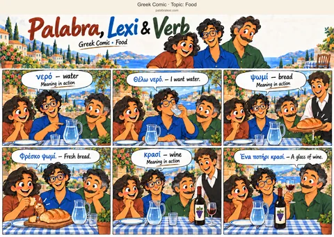 Thematic word collection: νερό — water; ψωμί — bread; κρασί — wine. The friends sit at a cafe table with a pitcher of water. Lexi drinks from a clear tumbler. A waiter brings fresh bread on a board, and Palabra tears off a piece. The waiter then serves one glass of wine beside its bottle, and Verb raises the glass.