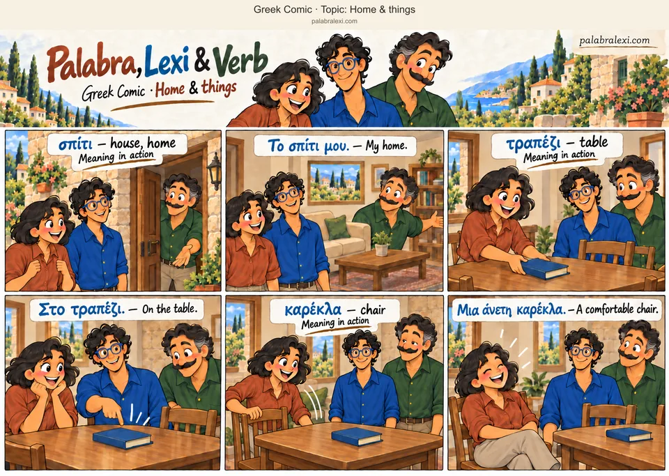 Thematic word collection: σπίτι — house, home; τραπέζι — table; καρέκλα — chair. Verb welcomes his friends into a house. Palabra puts one blue book on the dining table, and Lexi points to it. Palabra pulls out a wooden chair on the left and sits on that same chair.