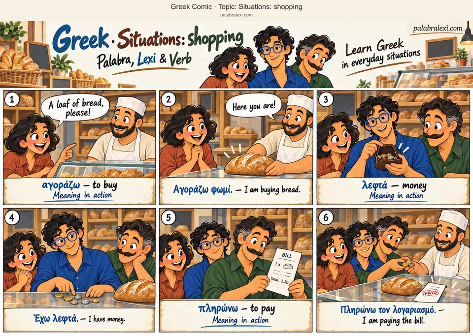 Thematic word collection: αγοράζω — to buy; λεφτά — money; πληρώνω — to pay. Palabra asks a baker for a loaf of bread. The baker places the loaf on the counter. Lexi opens his purse and counts his coins. Verb checks the bill and hands payment to the baker.