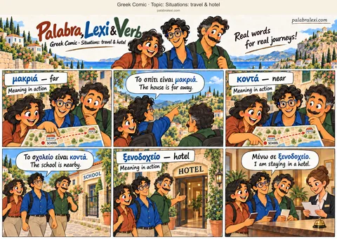 Thematic word collection: μακριά — far; κοντά — near; ξενοδοχείο — hotel. Lexi points to a distant house on the town map. The trio compare it with the faraway house visible on the hillside. Palabra points to a school beside their current position. They walk a short distance to confirm the school is nearby. Verb leads the trio to the hotel entrance. A receptionist checks their room booking at the counter.
