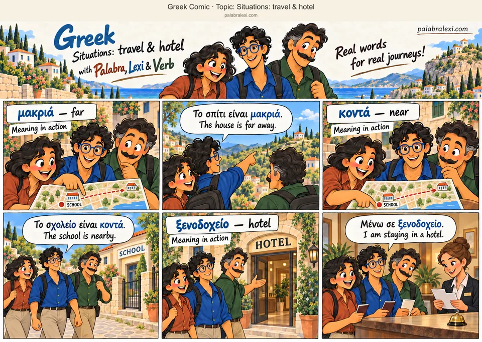 Thematic word collection: μακριά — far; κοντά — near; ξενοδοχείο — hotel. Lexi points to a distant house on the town map. The trio compare it with the faraway house visible on the hillside. Palabra points to a school beside their current position. They walk a short distance to confirm the school is nearby. Verb leads the trio to the marked hotel entrance. A receptionist checks their separate room bookings at the counter.