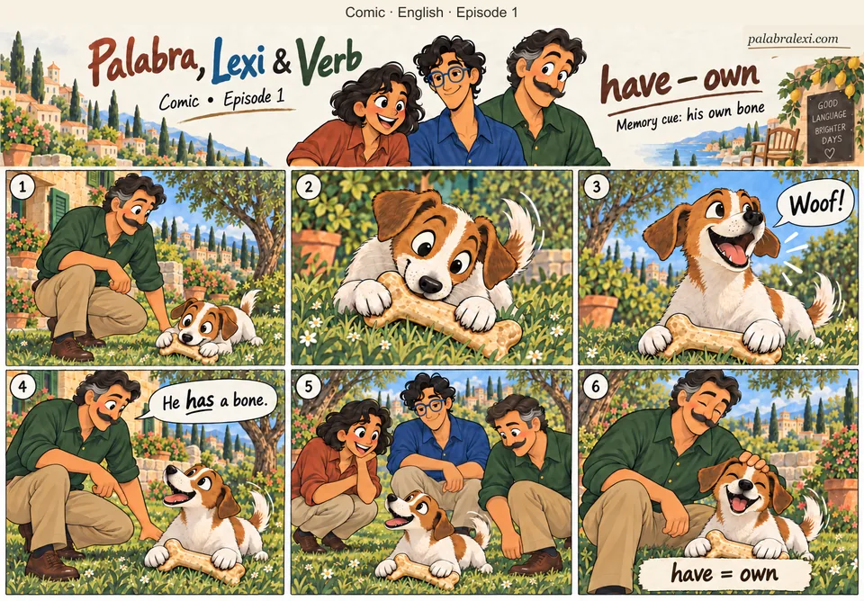 English comic, episode 1: have — own. The dog has its own bone. Verb says: “He has a bone.” This is a meaning cue for have.