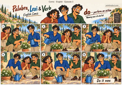 English comic, episode 3: do — perform an action. Lexi does what Verb asks: he waters a plant with a blue watering can.