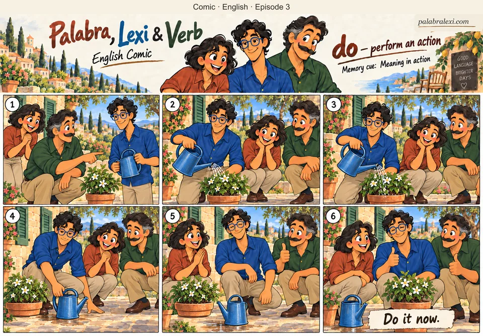English comic, episode 3: do — perform an action. Verb asks Lexi to water one plant. Lexi picks up a blue watering can, waters the same plant and sets the can down.