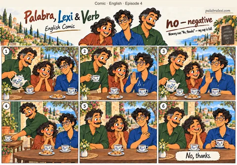 English comic, episode 4: no — negative. Verb offers another cup of tea to Lexi, who politely says no because his own cup is full. Verb sets the extra cup on the side table; Palabra keeps her cup.