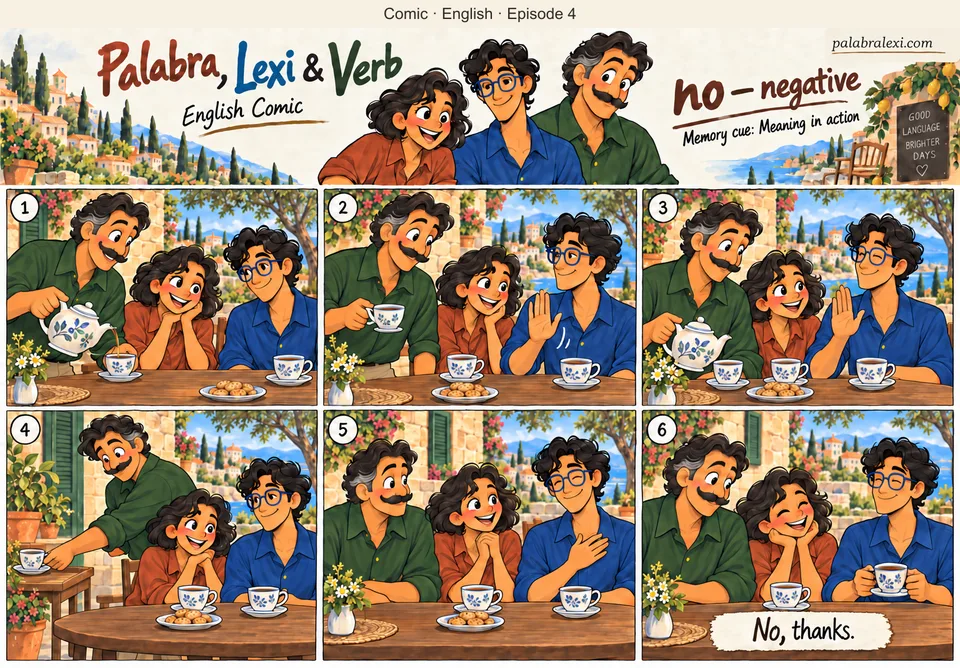 English comic, episode 4: no — negative. Verb offers another cup of tea to Lexi, who politely says no because his own cup is full. Verb sets the extra cup on the side table; Palabra keeps her cup.