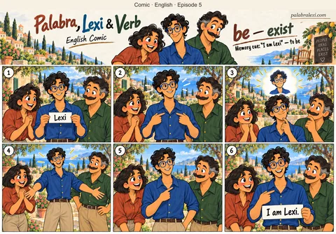 English comic, episode 5: be — exist. Lexi introduces himself and points to himself. Palabra and Verb greet him.