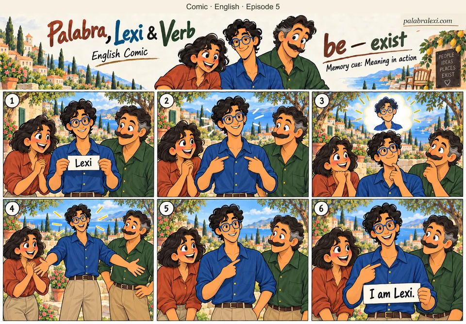 English comic, episode 5: be — exist. Lexi introduces himself and points to himself. Palabra and Verb acknowledge his presence and identity.
