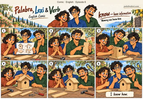English comic, episode 6: know — have information. Verb knows how to build a birdhouse. He explains the instructions, and the three friends assemble one wooden birdhouse together.