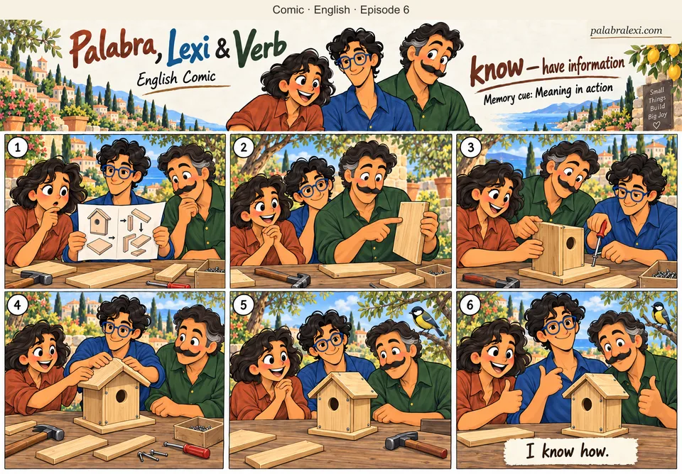 English comic, episode 6: know — have information. Verb knows how to build a birdhouse. He explains the instructions, and the three friends assemble one wooden birdhouse together.