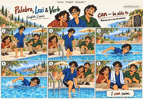 English comic, episode 7: can — be able to. Lexi shows that he can swim while Palabra and Verb cheer from the poolside. He steps into the pool, swims and climbs out.