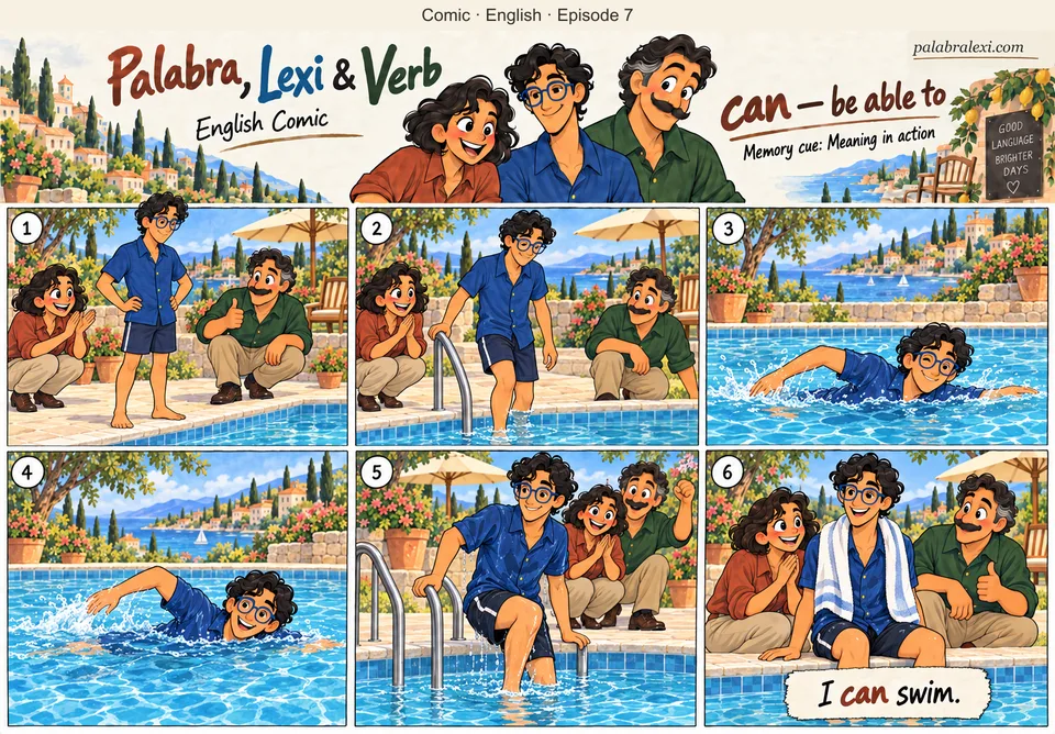 English comic, episode 7: can — be able to. Lexi shows that he can swim while Palabra and Verb cheer from the poolside. He steps into the pool, swims and climbs out.