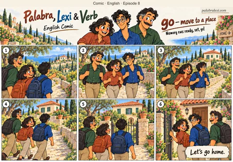 English comic, episode 8: go — move to a place. Palabra, Lexi and Verb walk along a sunny stone path toward a red-roofed house, getting closer and arriving at its garden gate.