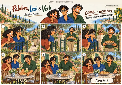 English comic, episode 9: come — move here. Verb comes toward Palabra and Lexi at the garden gate carrying one lattice pie. He enters and places that pie on the garden table.