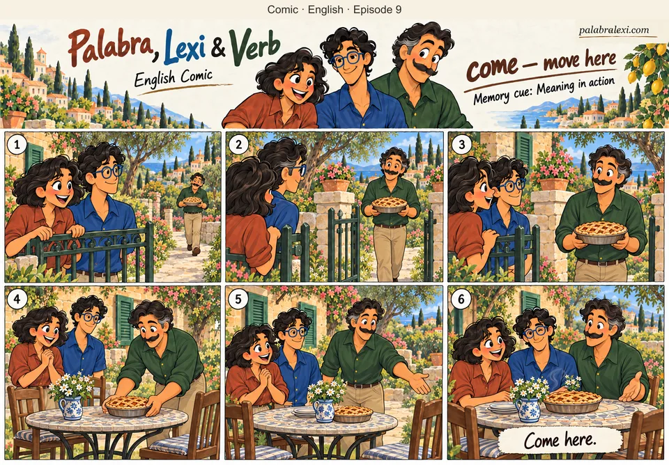 English comic, episode 9: come — move here. Verb comes toward Palabra and Lexi at the garden gate carrying one lattice pie. He enters and places that pie on the garden table.