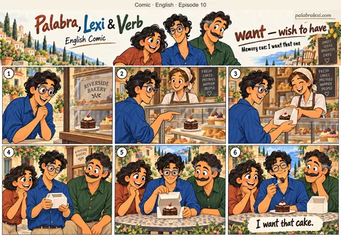 English comic, episode 10: want — wish to have. Lexi sees a small chocolate cake in the bakery, points to the one he wants and receives it in a paper box. He shows it to Palabra and Verb and tastes it.